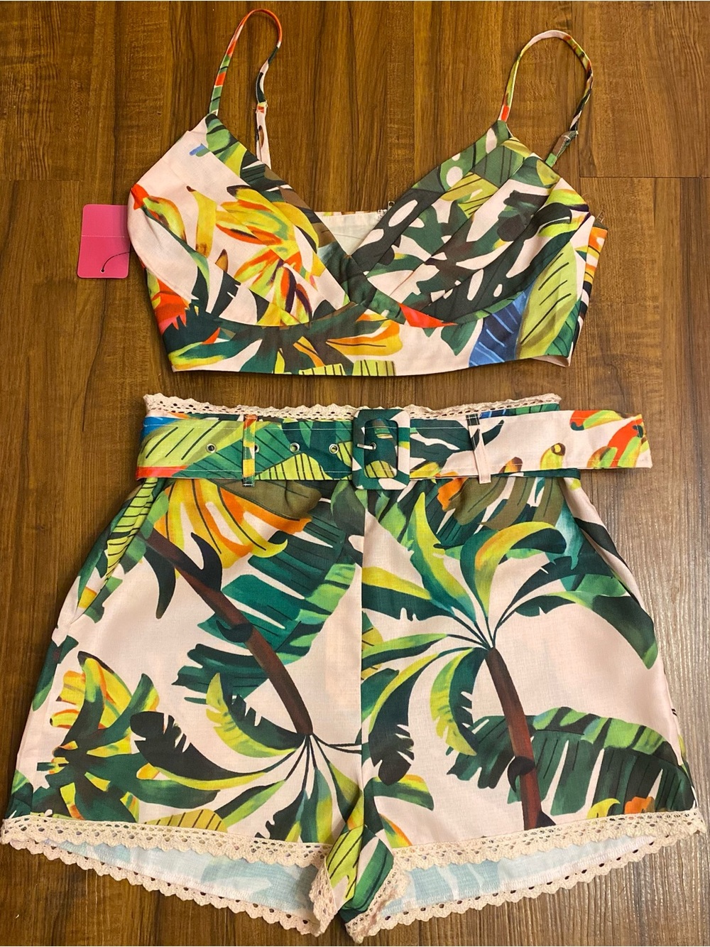 New Ladies Tropical Print Pink Women's Shorts with Matching Belted Crop Top